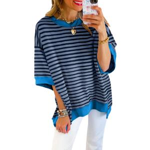 SHEWIN Womens Tops Casual Short Sleeve Sweatshirt Crewneck Striped Shirt Pullover T Shirts Loose Blouses (Small, Sail Blue Stripe)