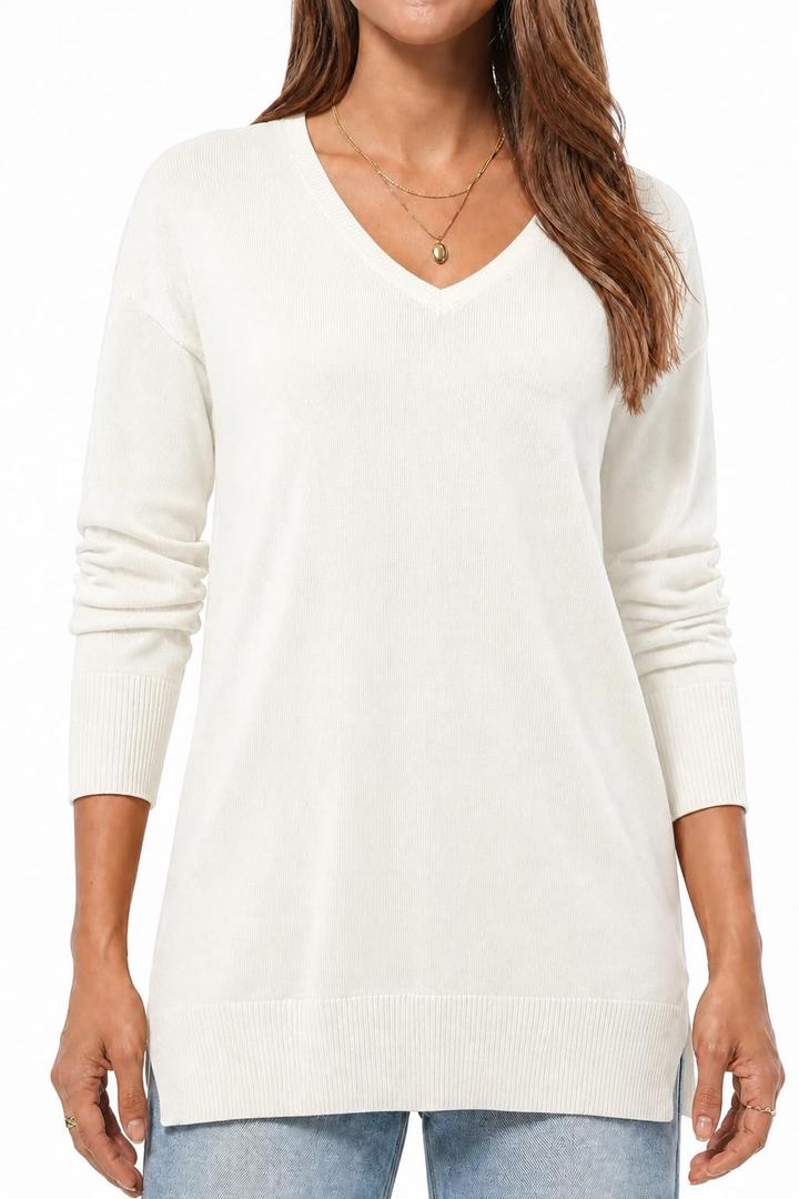 QUALFORT Women's V Neck Tunic Sweater Lightweight Long Sleeve Pullover (L)
