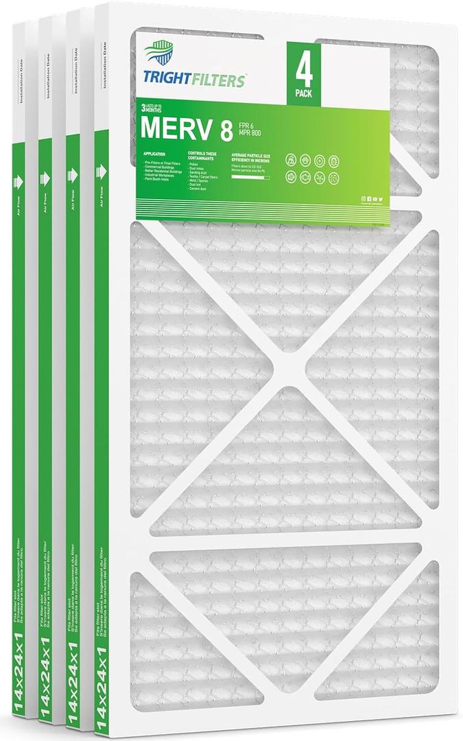 TRIGHTFILTERS 14x24x1 Air Filter 4 Pack, MERV 8 Pleated Dust Defense Air Filters Replacement Air Conditioner HVAC AC Furnace Filter, Durable and Lightweight