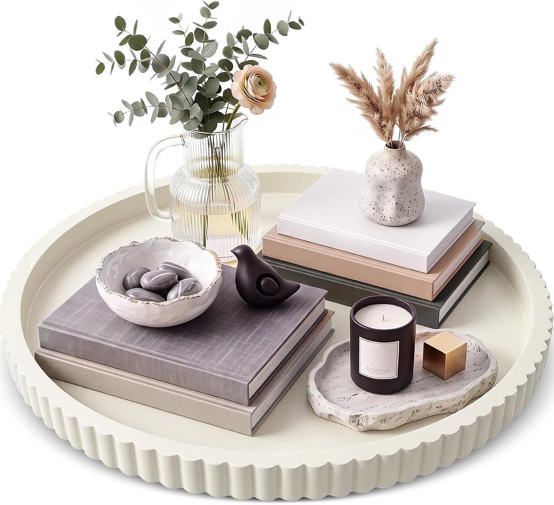 24 in Large Round Ottoman Tray, Decorative Serving Tray,Cream