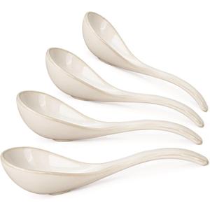 Artena Chinese Soup Spoons, Ceramic Asian Spoons with Deep Arc Anti-Roll Design, 6.85 Inch Set of 4, Perfect for Ramen, Pho, Wonton Soup as Japanese Soup Spoon, Korean Spoon (Creamy White)