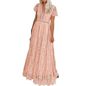 Bdcoco Women's V Neck Floral Lace Wedding Dress Short Sleeve Bridesmaid Evening Party Maxi Dress Pink Peach Size S