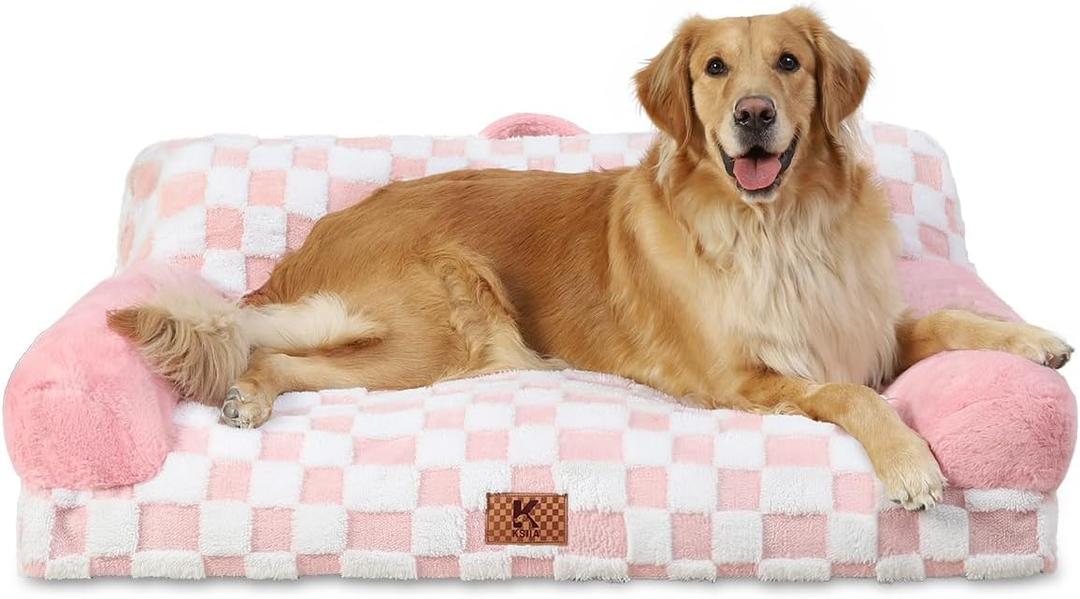 KSIIA Dog Bed Large Dog Beds with Supportive Armrests Waterproof Pet Couch Comfort Pet Sofa with Removable Machine Washable Cover & Anti-Slip Bottom, 41 x 27 in, Pink