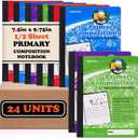 Mintra Primary Composition Notebook, 24 units 6-4 Pack, Assorted Colors, 80 Sheets, 7.5in x 9.75in, 1/2 Sheet, Ruled with Drawing Area, Flexible Hardcover Journal, Grades K-2, School & Home Use