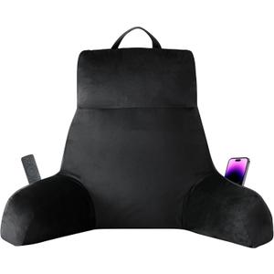 IPYNBAP Reading Pillow with Arms for Adult, Back Pillow for Bed Sitting Up, Shredded Memory Foam Backrest Pillow with Pockets & Removable Washable Cover, Lounging, Watching TV, Reading(24inch Black)