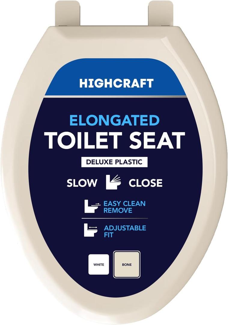 HIGHCRAFT Premium Elongated Toilet Seat with Slow-Close Design, Adjustable Hinges & Quick Removal Mechanism - Molded Plastic Toilet Seat - Fits Standard Elongated Toilets - Oval Seat in Bone/Beige