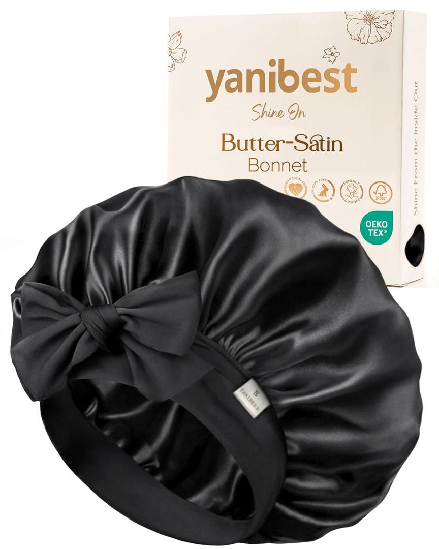 Yanibest Adjustable Satin Bonnet for Sleeping, Double Layer Silk Hair Bonnet with Tie Band for Unisex Women Men Curly Natural (Black)