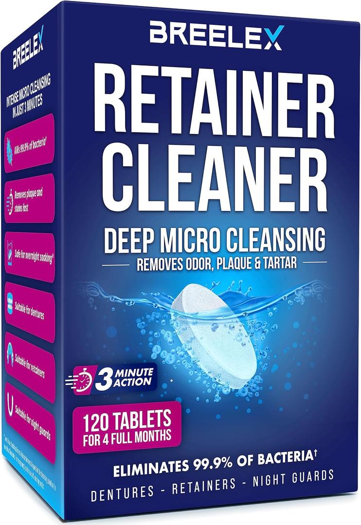 Breelex Denture Cleaning Tablets - 120 Count, Pack of 1-4-Month Supply & Denture Care - All-Purpose Retainer Cleaner Tablets - Gentle Formula for Mouth Guard Cleaner