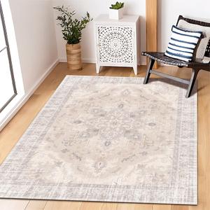 4'x6' Washable Area Rug with Non-Slip Backing Low-Pile Soft Bohemian Distressed Boho Printed Rug for Living Room, Entryway, Bedroom, Home Office, Farmhouse -Light Blush