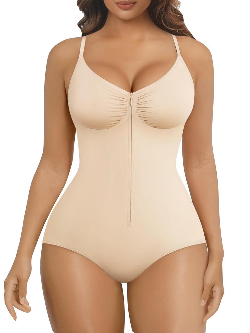 SHAPERX Women's Shapewear Bodysuit Tummy Control Seamless Zip-Up Body Shaper Waist Snatched Body Suit Size S/M