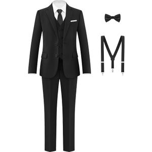 Boys Formal Suits Set, from Toddlers to Teen, Adjustable Waist, with Suspenders (Black, US 16)