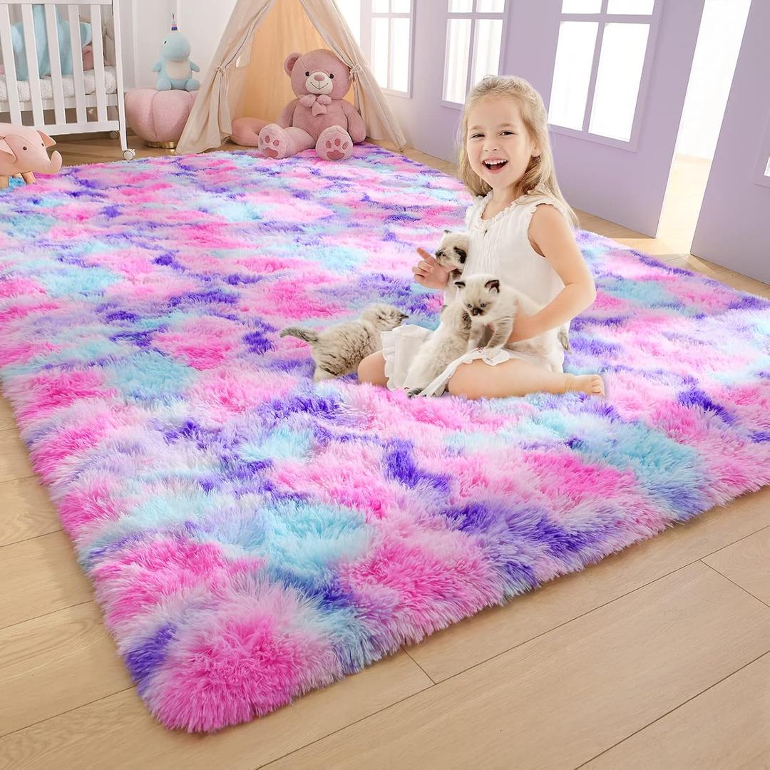 AROGAN Soft Rainbow Area Rugs for Girls Room 4x6 Feet, Fluffy Bedroom Rugs, Princess Rug, Cute Colorful Carpet for Kids Teens Nursery Toddler, Hot Pink (4' x 6')