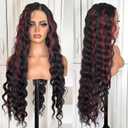 X-TRESS Red Highlight wig Synthetic Lace Front Wigs 30 Inch Loose Deep Wave Lace Frontal Wigs Pre Plucked Natural Black Deep Wave Wigs with Burgundy Highlight for Black Women with Baby Hair