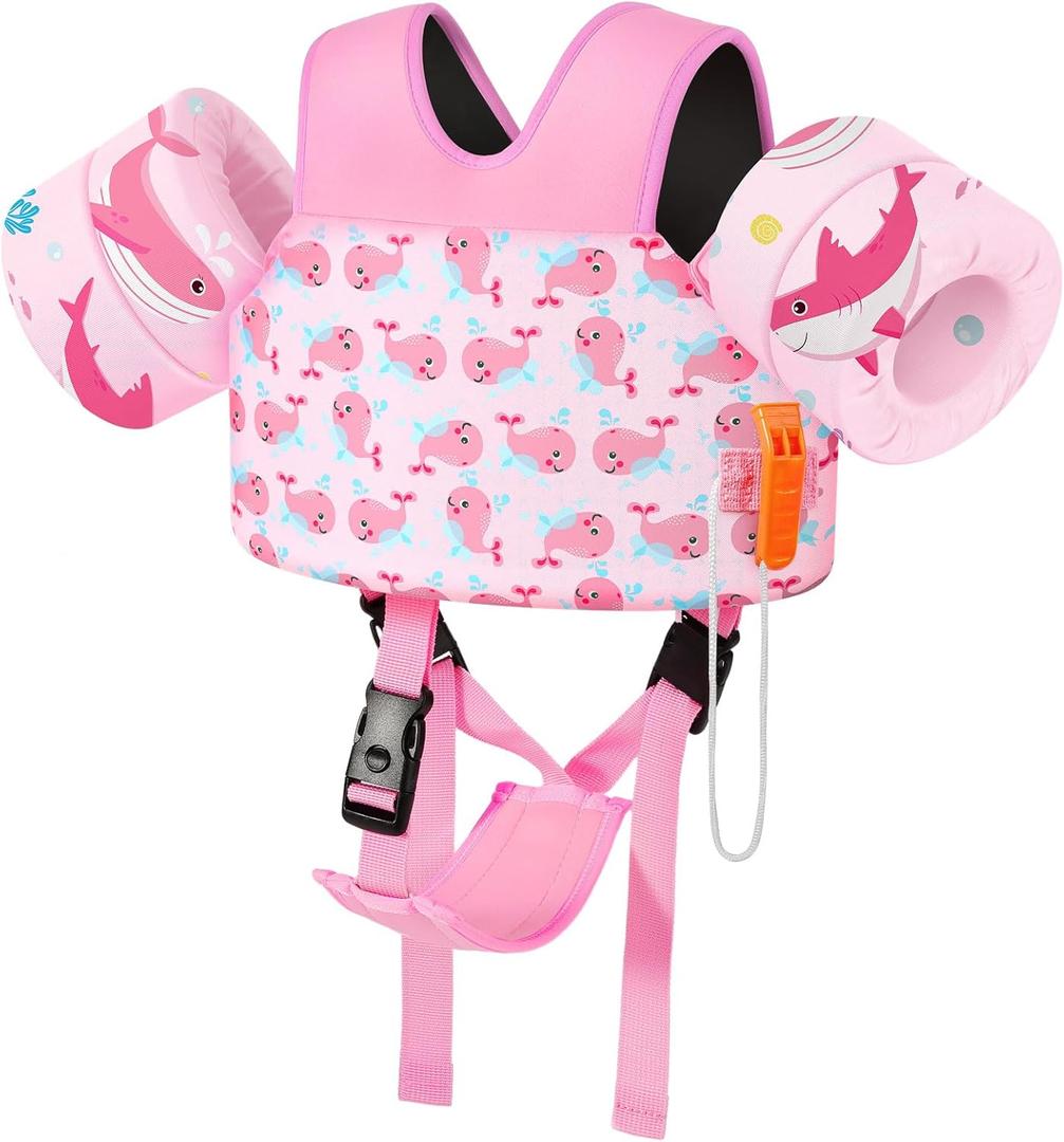 MoKo Toddler Swim Vest for Kids, 20-66 lbs, Arm Floaties with Adjustable Straps, Nylon Material, Swim Vest for Toddlers Learning to Swim (Baby Pink Whale)