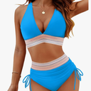 Blooming Jelly Women High Waisted Bikini Sets Tummy Control Swimsuits Color Block Two Piece Drawstring Bathing Suit Size Large