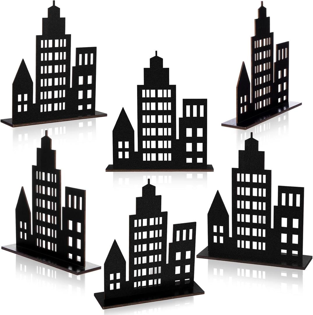 Geelin 6 Pcs Skyscraper Party Decoration Hero Theme Centerpieces New York City Decor City Skyline Building Centerpiece for Halloween Christmas Party Favors Comic Birthday(Hollow Style,Black)