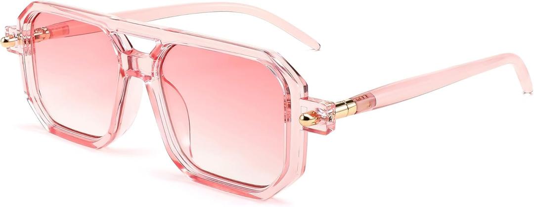 FEISEDY Vintage Square 70s Flat Aviator Sunglasses Women Men Classic Retro Stylish Frame UV400 Sunglasses B2622 (010 Transparent Pink & Gradient Pink Lens) FEISEDY Vintage Square 70s Flat Aviator Sunglasses Women Men Classic Retro Stylish Frame UV400 Sunglasses B2622 (010 Transparent Pink & Gradient Pink Lens)