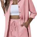 ELESOL Womens Summer 2 Piece Outfits Button Down Line Set 3/4 sleeve Tracksuit Drawstring Casual Dark Pink Shorts Set L 