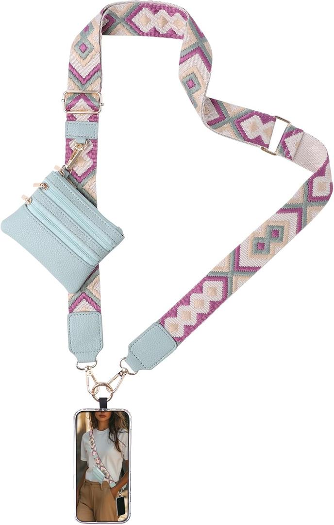 Clip and Go Strap for Phone with Wallet Crossbody Lanyard Adjustable Strap with Zipper Pouch Fit for All Phones-Green