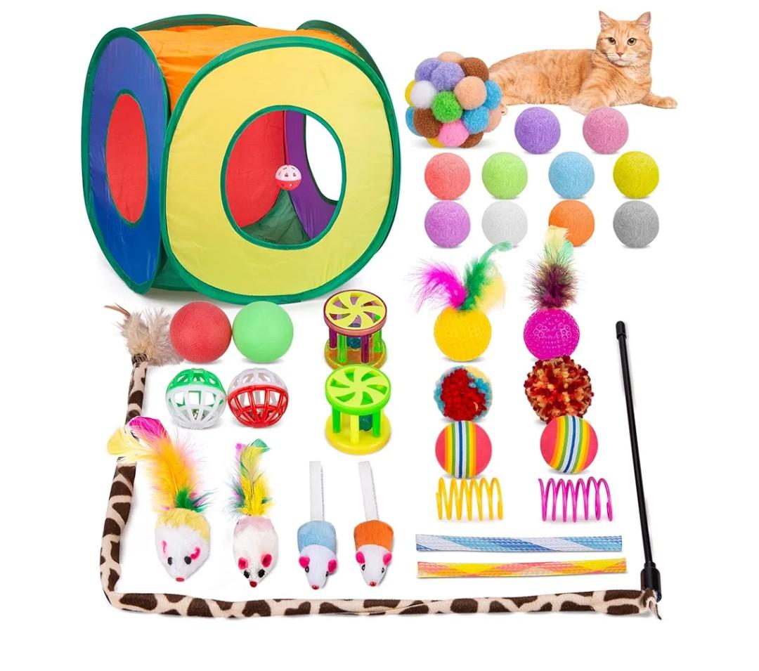 Retro Shaw 33 Pcs Cat Toys Set, Interactive Kitten Toys for Indoor Cats Kitty with Collapsible Play Tunnel Tent, Feather Teaser Wand Bell Balls Springs Mouse Toys for Boredom Relief & Exercise