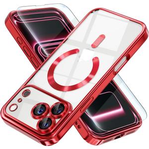 Misea Magnetic for iPhone 17 Pro Case Compatible with MagSafe [Never Yellowing] [Military Grade Drop Protection] Full Camera Lens Protector Plating Soft Clear Phone Case for Women, Red