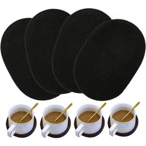 4 Pack Oval Woven Placemats and Set of 4 Round Fabric Coasters, Heat-Resistant Non-Slip Tablemats Woven Washable Charger Plates for Table Decoration (Black)