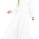 MITILLY Women's Elegant Floral Long Sleeve Round Neck Smocked A-Line Flowy Tiered Maxi Dress with Pockets XL