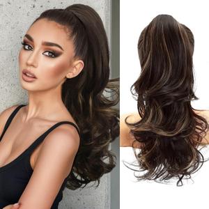 NAYOO Claw Clip Ponytail Extension Brown 18" Long Wavy Ponytail Clip in Hair Extensions for Women Curly Natural Layered Pony Tails for Short Thin Hair Synthetic Hairpiece (Dark Brown Mixed Chestnut)