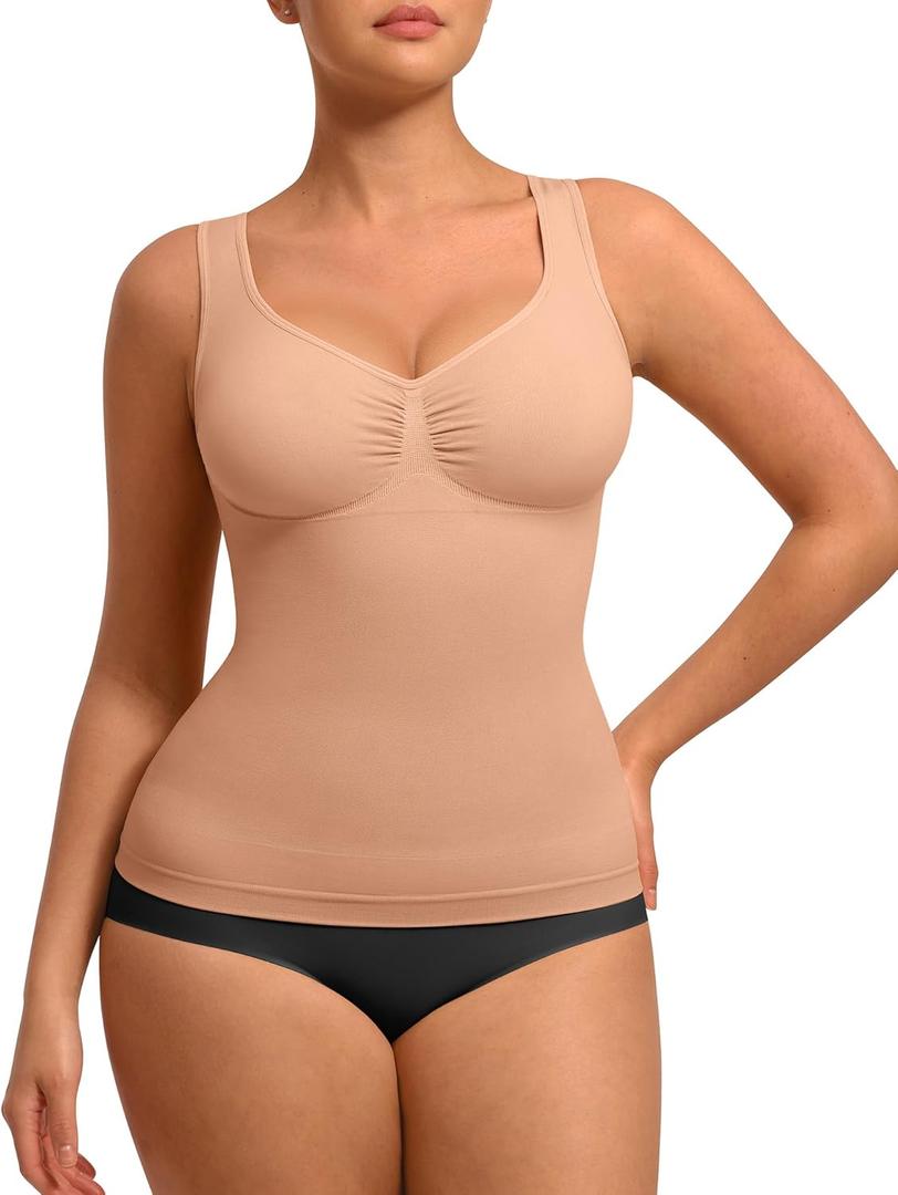 FeelinGirl Women Tank Tops Shapewear: Tummy Control Compression Tank V Neck Seamless Body Shaper Camisole Tops for Women (X-Large, Dark Skin)