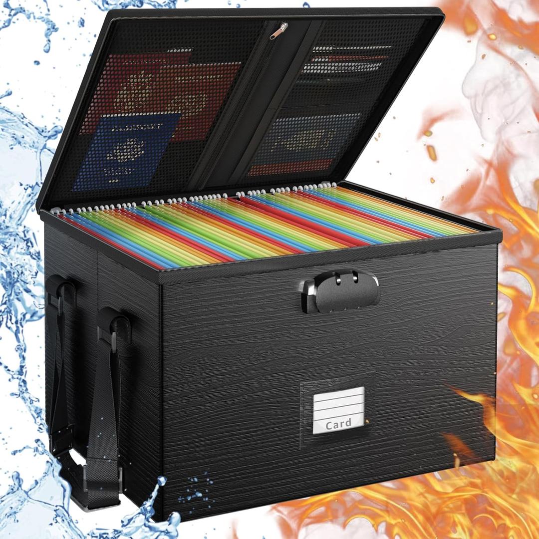 ROSONG Fireproof Document Box File Organizer - Portable Locking Filing Storage Box with Handle Waterproof for Hanging Letter/Legal Folder Important Document (black)