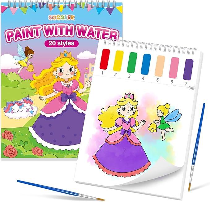 Paint with Water Coloring Books for Toddlers,Mess Free Watercolor Painting Papers for Kids Water Color Paint Kit Art Craft Birthday Gift for Ages 1-3, 4-8(Princess and Party)