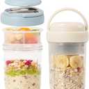 2 Pack Overnight Oats Containers with Lids and Handles, Folding Spoons & Divided Compartments for Fruit & Nuts 16oz Mason Jars for Oatmeal, Yogurt Container Chia Pudding Jars with Lids (Cream/Blue)