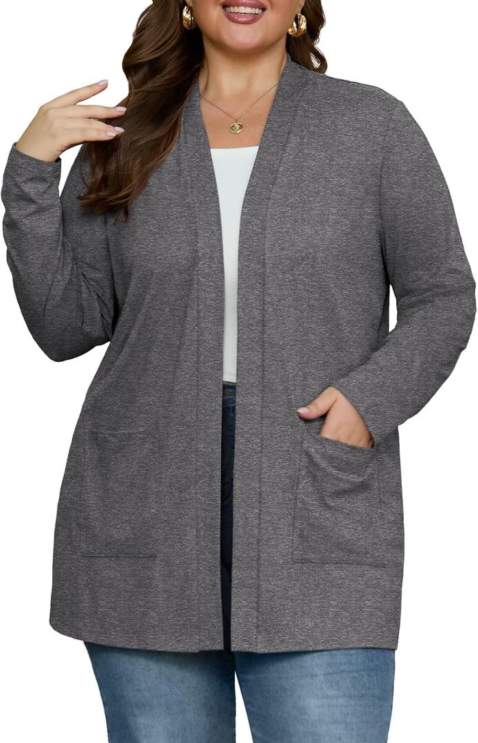 OLRIK Plus Size Lightweight Cardigan for Women 2026 Spring with Pockets Long Sleeve Casual Jacket Open Front Cover Ups (3X, Gray)