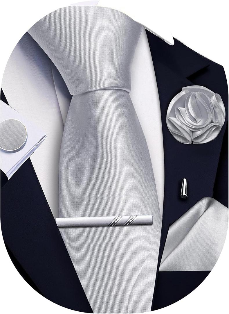 Solid Color Ties for Men Silk Satin Necktie and Pocket Square Cufflinks Tie Clip Lapel Pin Set Wedding Business 5PCS