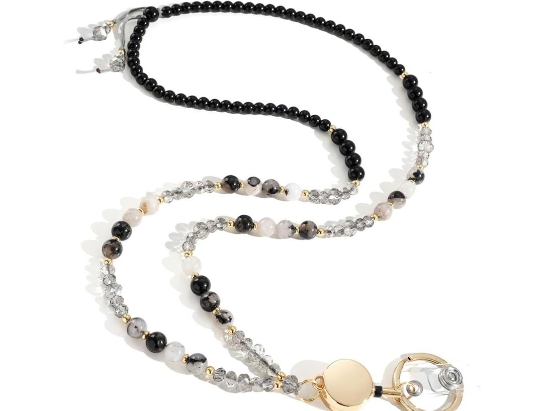 Lanyards for ID Badges and Keys,Natural Stone Beaded Teacher Lanyard for Women,Retractable Lanyard with ID Holder Cute Lanyards (Black Tourmaline Quartz)