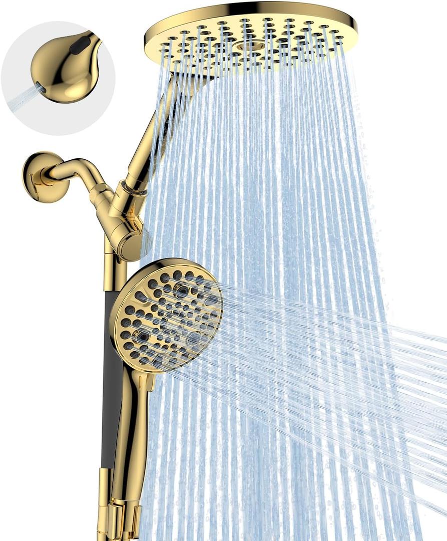 Dual Handheld Shower Head Combo, 2-in-1 Rain Shower Heads System 8 Inch Rainfall Shower Head and 10 Modes High Pressure Hand Held Showerhead with Built-in Power Wash (Gold)
