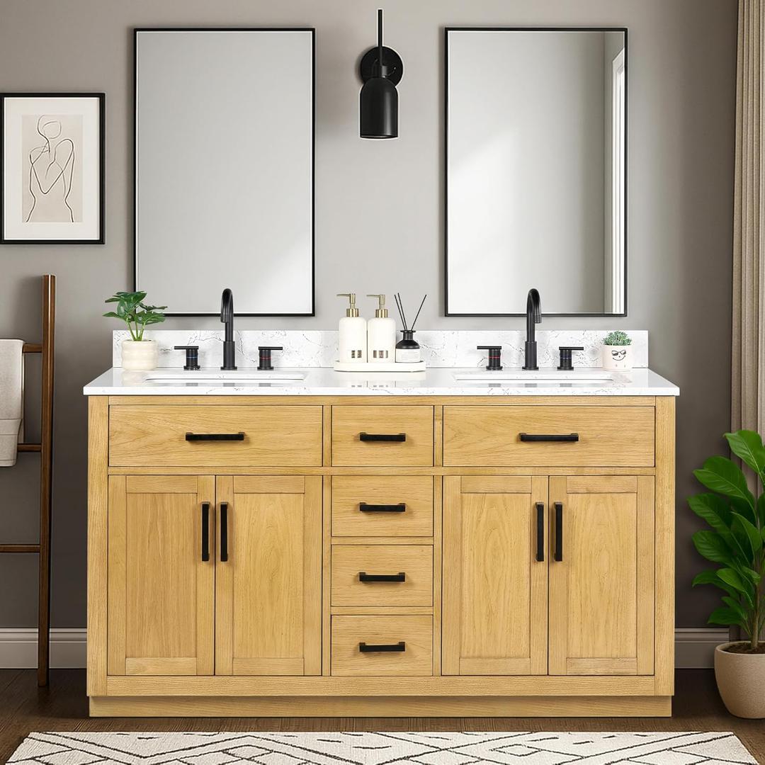 60-inch Natural Oak Bathroom Vanity with 2 Sinks, Solid Wood, 0.79-inch Stone Countertop and Backsplash, 6 Drawers, 4 Soft Closing Doors