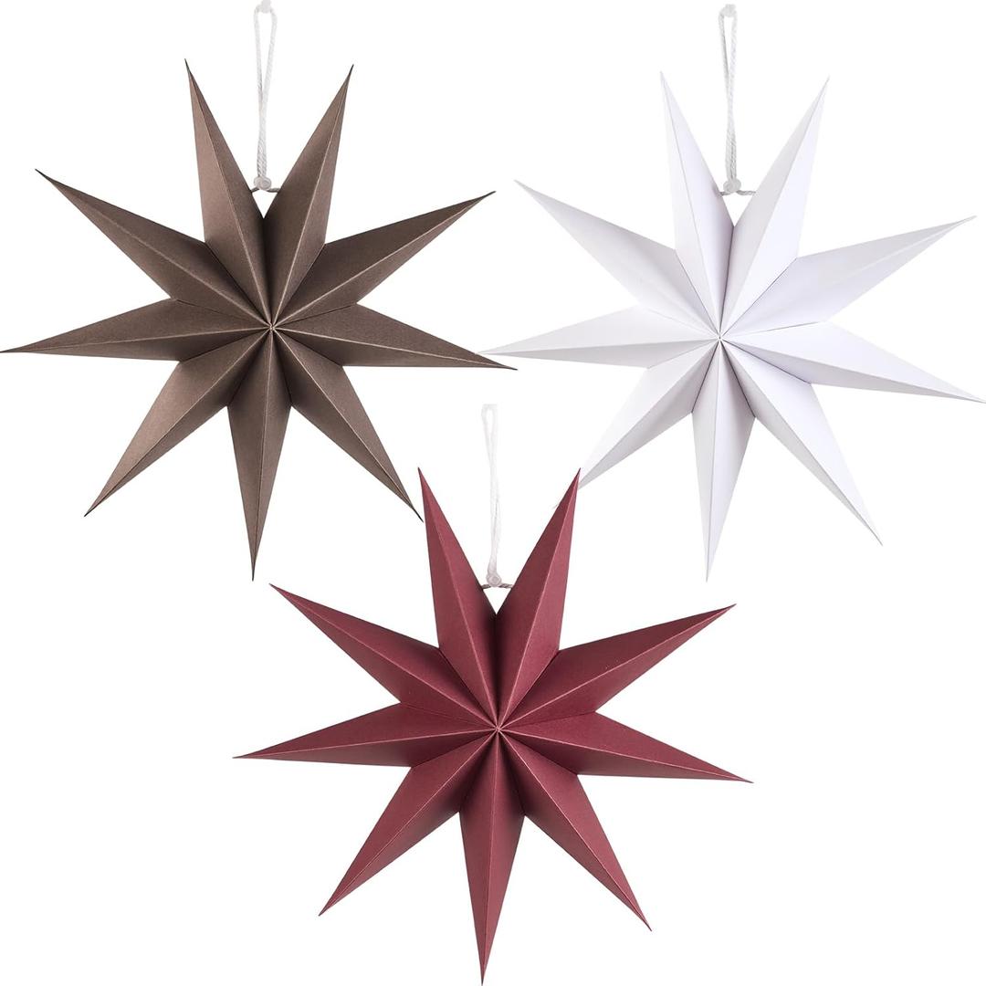 SUNBEAUTY 3 Pcs 9-Pointed Brown Burgundy White Paper Star Lanterns 12 Inch Christmas Hanging Lamp Rustic Paper Decorations Shade Wedding Birthday Christmas Home Party Decorations