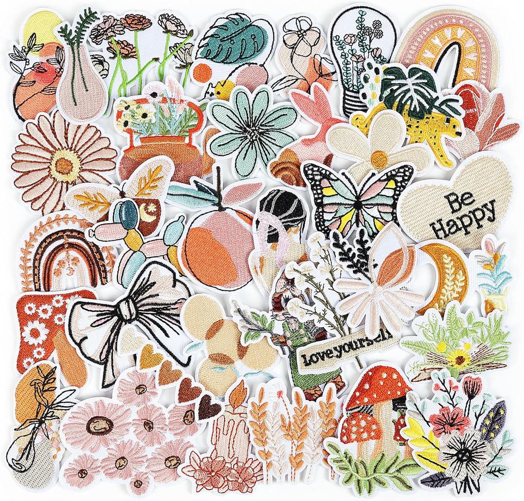 NICEVINYL Vintage Aesthetic Iron on Patches: 36pcs Cute Girly Embroidered Patches for Women - Boho-Aesthetic Decorative Appliques for Backpack Clothing Jackets Hats Bookbags (Mustard Yellow/Rust/Teal)