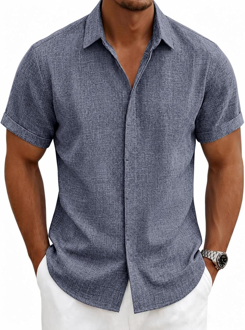 Mens Linen Shirts Short Sleeve Casual Shirt Button Down Summer Beach Vacation Tops Men Casual Dress Shirts Breathable, Large