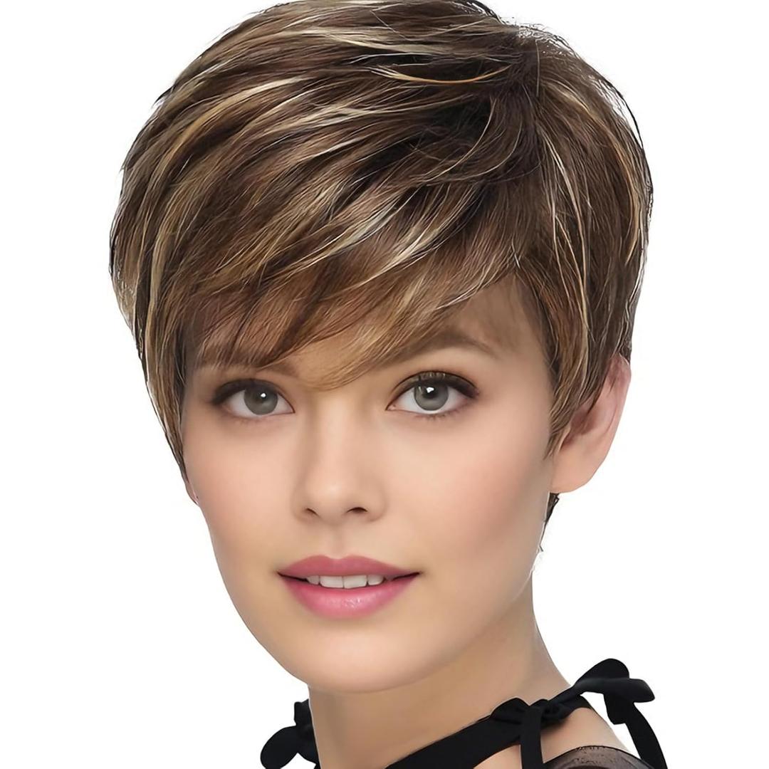 TISHINING Pixie Cut Brown Short Hair Wigs for White Women with Bangs Brown Mixed Blonde Highlights Layered Natural Looking Synthetic Hair Replacement Wigs for Daily Party Use