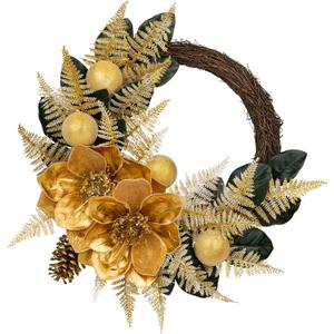 24" Christmas Wreath for Front Door  Artificial Winter Half Wreath with Gold Maglonia Flower, Ball Ornaments, Fern Leaves for Indoor & Covered Outdoor Holiday Christmas Decoration