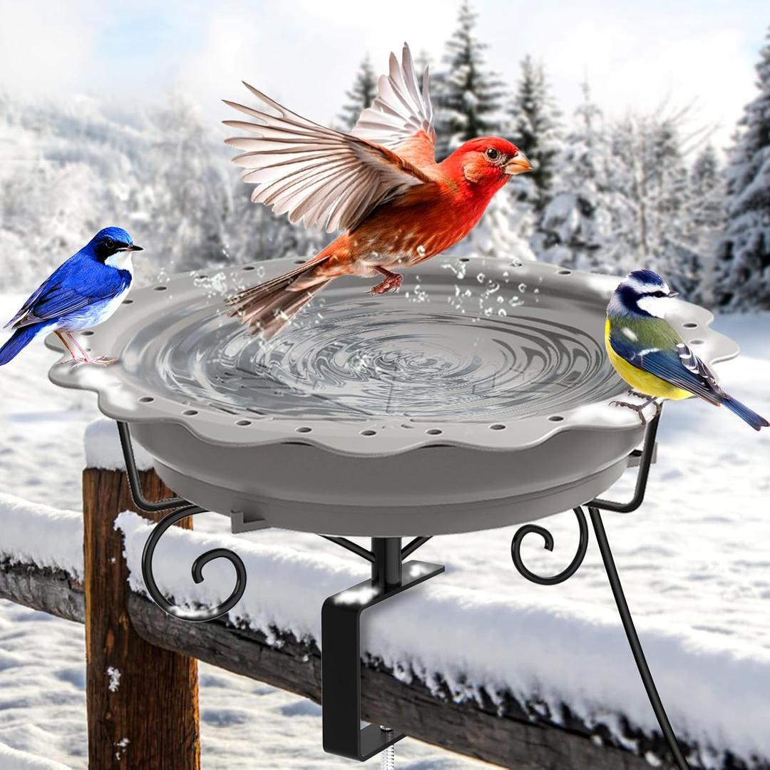 Heated Bird Bath for Deck Railing, Powerful 100W Thermostatically Controlled Heated Bird Baths for Outdoors for Winter, Heated Birdbath Water Heater for Outside Garden Yard Patio Lawn (Grey) (Gray)