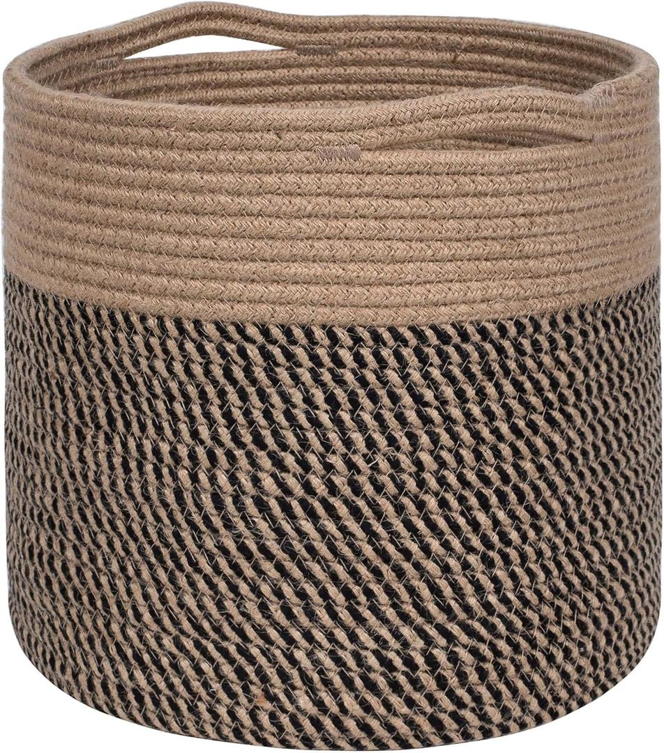 MINTWOOD Design 11 x 11 Inches Cotton Rope Basket for Flower Pot and Indoor Floor Planters, Decorative Round Woven Plant Pot Basket, Planter Covers, Small Dog Toy Storage Baskets, Black