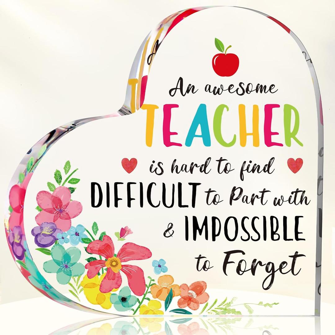 Yookeer Teacher Appreciation Gifts - 6 Inch Heart-Shaped Acrylic Paperweight - an Awesome Teacher is Hard to Find & to Forget, Meaningful Teacher's Gift Birthday Teachers' Day Thank You Keepsake