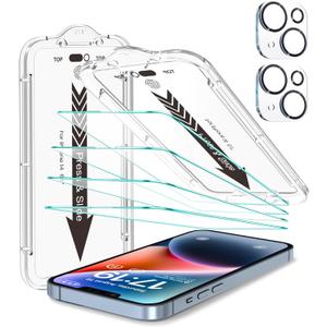 EZ-GLAZ 4-Pack for iPhone 14 Screen Protector [6.1"] with Flawless Fit Kit + 2-Pack Camera Lens Protector, 15-Second Bubble-Free Installation, 9H Hardness, 12FT Military Grade Shatterproof, Scratch Resistant, Tempered Glass, HD Clear