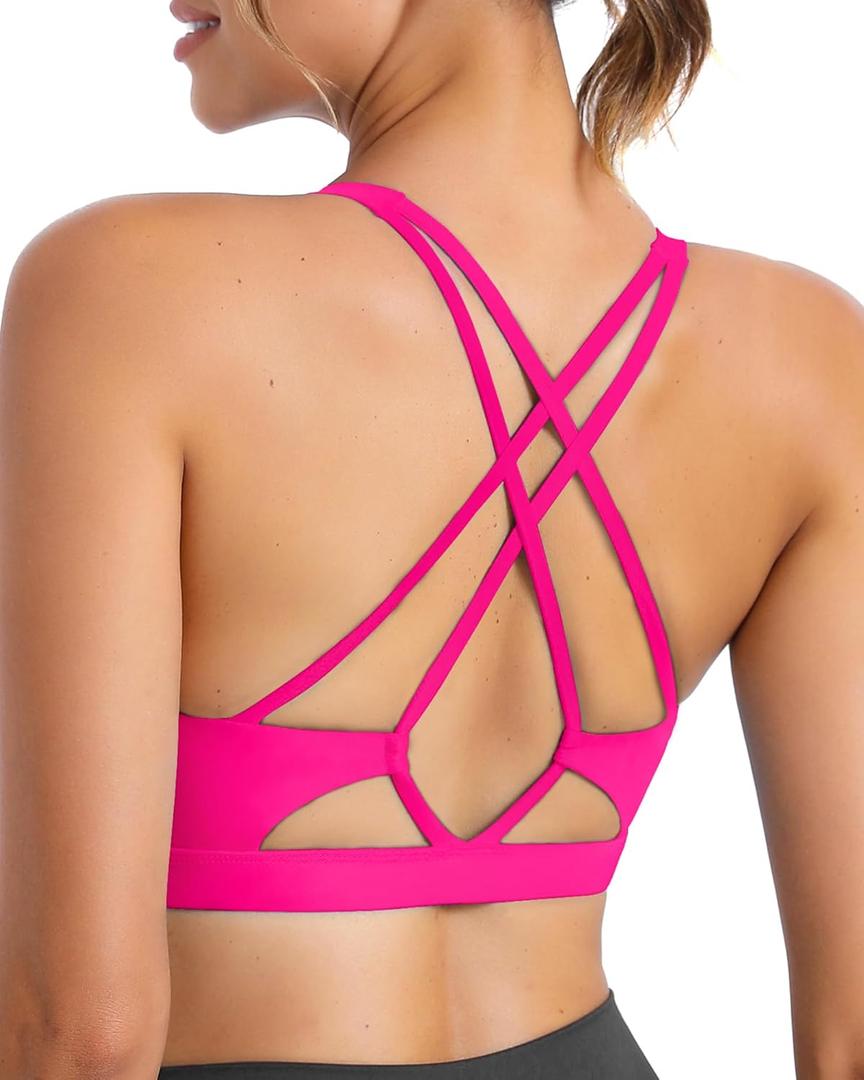 Sports Bras for Women, Medium-High Support Strappy Padded Running Sports Bras with Removable Cups (1-hot Pink) M