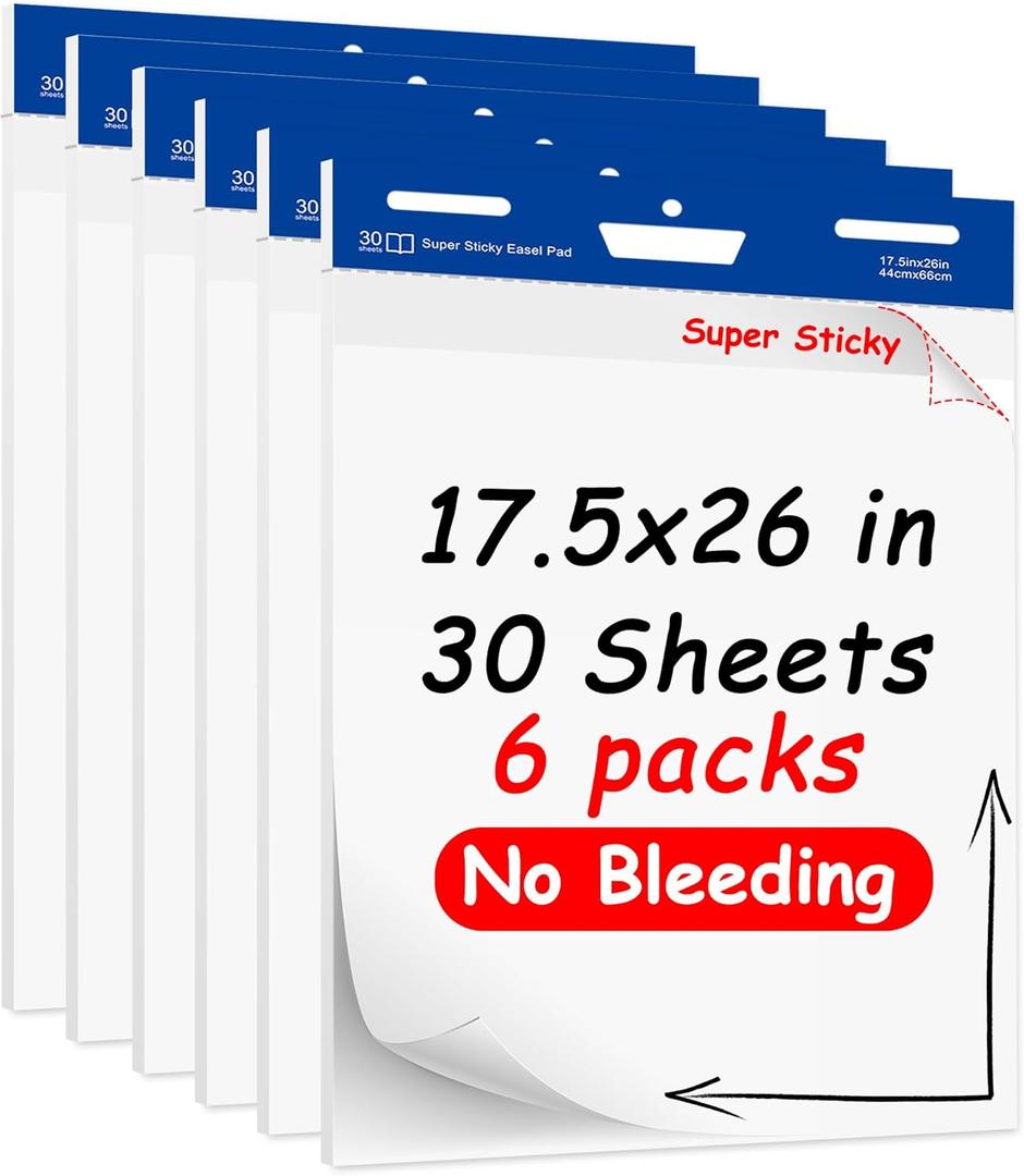 6 Pack 17.5 in x 26 in Sticky Easel Pads White, 30 Sheets/Pad,Chart Paper for Teachers Self Stick Easel Paper for Walls, Windows, White Board