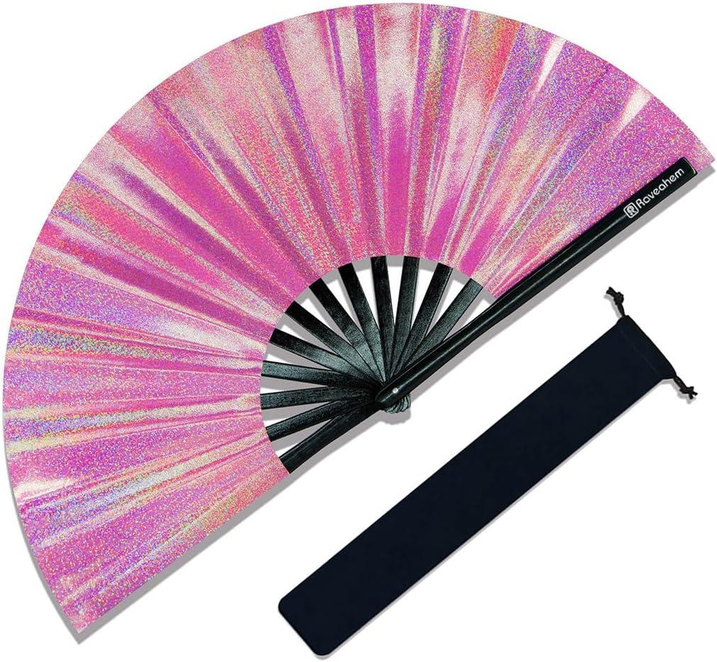 Large Rave Fan, Clack Folding Hand Fan with Premium Fabric, Thick Bamboo Frame for Men Women Gift for EDM, Festival, Club, Party, Dance, Decoration (Lridescent Pink, 11")