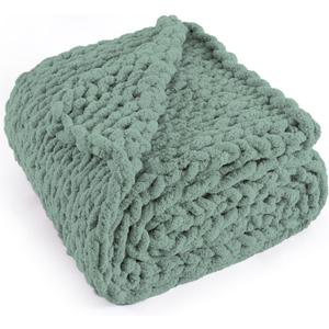 Chunky Knit Throw Blanket 50"X 60", 100% Handmade with Soft Chenille Yarn, 4.4lbs Thick Cable Knitted Blankets, Large Rope Knot Crochet Throws for Couch Sofa Bed Home Decor, Sage Green